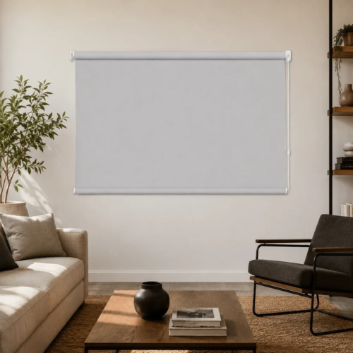 Cortina roller blackout gris 120x90 — instalada en un ambiente