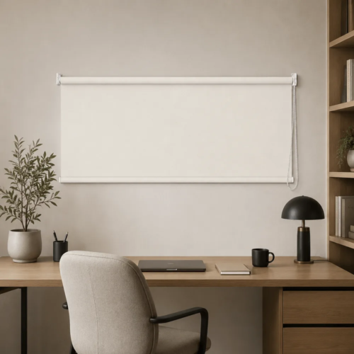 Cortina roller blackout natural 150x60 — instalada en un ambiente