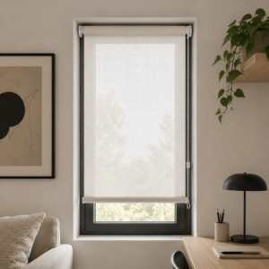 Cortina roller sunscreen blanca 60x110 — instalada en un ambiente