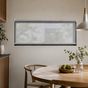 Cortina roller sunscreen gris 150x60 — instalada en un ambiente