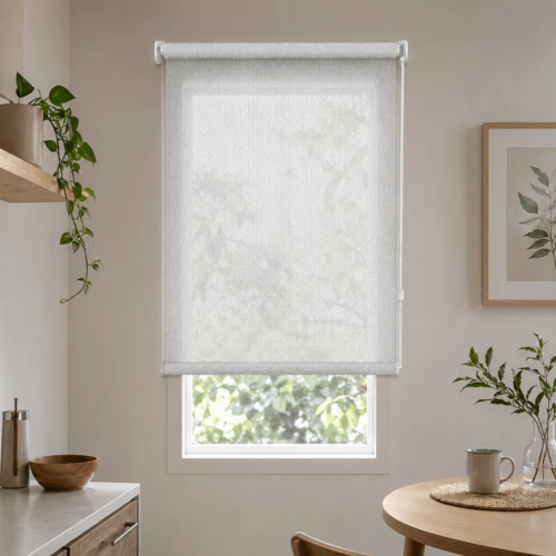 Cortina roller sunscreen gris 60x110 — instalada en un ambiente