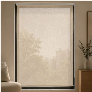 Cortina roller sunscreen natural 100x110 — instalada en un ambiente